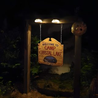 the welcome sign to crystal lake at night Camp Crystal Lake Halloween Friday The 13th Camp Crystal Lake Aesthetic, Camp Crystal Lake, Camp Crystal Lake Tattoo, black