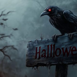 a black bird sitting on top of a wooden sign in front of some dark trees Halloween Hd Free Halloween Parfait, Fond D Ecran, Free Download, Halloween, In This Moment, dark slate gray