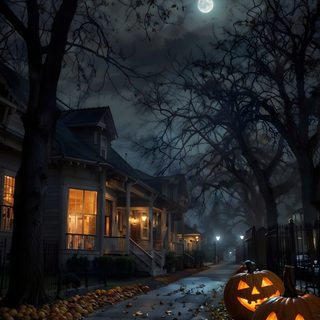 two jack o lantern pumpkins sitting on the ground in front of a house at night Halloweentown Aesthetic The Last Halloween, Halloween Iphone Backgrounds, Halloween Countdown, black