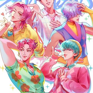 some anime characters with different colored hair and clothes, one in the foreground is pointing at Saja Boys Halloween Zoeystery Kpop Demon Hunters Fanart, Kpop Demon Hunters Fanart Zoeystery, Polytrix Kpop Demon Hunters Fanart Spicy, misty rose