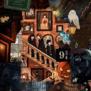 an image of a halloween scene with pumpkins, ghostes and other things in the background Harry Potter Halloween Wizard Collage, Best Homescreen Aesthetic, Universal Background, dark slate gray