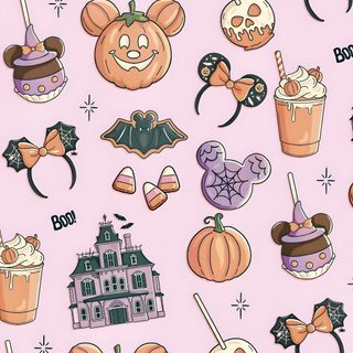 a pink background with halloween themed items on it Halloween Disney Disney Spooky, Pink Disney Halloween, Fall Disney Background, misty rose
