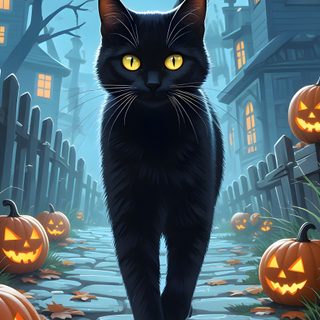 a black cat with glowing eyes is walking in front of halloween pumpkins and jack - o'- lanterns Cute Cat Halloween Halloween Cat For Phone, Halloween Black Cat, Black Cat Halloween, Halloween Cats, dim gray