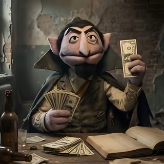 a cartoon character holding money and sitting at a table Muppets Halloween Movie Art, Cute Art, Cool Cartoons, Count Von Count Funny, dark slate gray