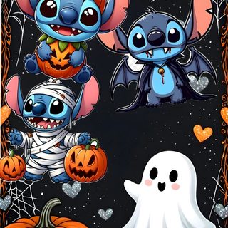 three cartoon characters with pumpkins and jack - o'- lanterns in the background Cute Stitch And Angel Halloween Stitch Halloween Background, Stitch Halloween Iphone, Lilo And Stitch Halloween, dark slate gray