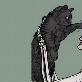 a cat is sitting on the back of a skeleton's head and looking at it Halloween Skeleton Cat Cat Skeleton Background, Skeleton Laptop, Skeleton Laptop Aesthetic, light slate gray