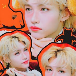 two young men with blonde hair and orange background Felix Halloween Halloween Skzoo, Halloween Skz, Felix Halloween, K Pop Halloween, Skz Halloween, peru