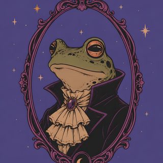 a frog in a dress and coat with stars around it's neck is looking at the camera Frog Halloween dark slate blue
