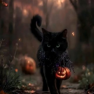 a black cat walking down a path with a pumpkin in it's mouth at night Halloween Witch Cat Happy Halloween Gif, Halloween, Halloween Live, Happy Halloween Pictures, dark slate gray