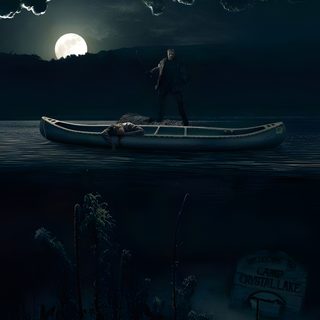 a man standing on top of a boat in the water at night with a full moon behind him Camp Crystal Lake Halloween Jason Voorhees Boat, Jason Friday The 13th Background, Jason Voorhees Walking Out Of Lake, black