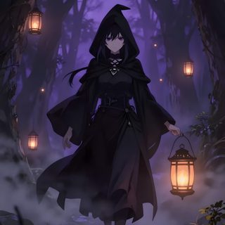 a woman in a hooded coat walking through the woods at night with lanterns on her head Dark Halloween Anime dark slate gray