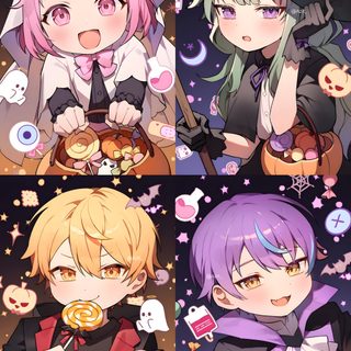 some anime characters are eating food and posing for the camera with their faces covered in candies Pjsk Halloween Pjsk Hello Kitty Collab, Riamu Yumemi, Hanako And Nene Cute, Riamu Yumemi Idolmaster, gray