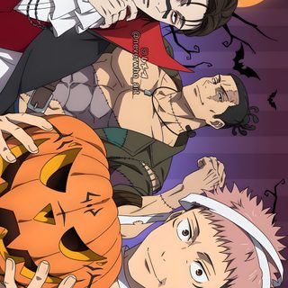 two anime characters with pumpkins on their heads and one holding a jack - o'- lantern Jujutsu Kaisen Halloween Choso Yuji, Todo Choso And Yuji, Choso And Yuji Official Art, dim gray