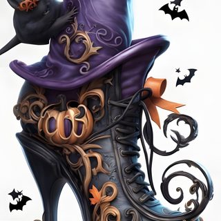 a shoe with a witch's hat and pumpkins on the top is surrounded by bats Halloween Retro Shoes With Pumpkins Witch Shoes Drawing, Witch Shoes Cartoon, Halloween Boots Drawing, rosy brown