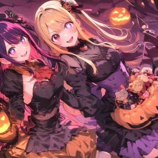 two girls dressed in halloween costumes holding pumpkins and jack - o'- lanterns Oshi No Ko Halloween Oshi No Ko Halloween, Halloween Fanart Anime, Halloween Anime Fanart, dim gray