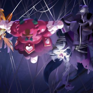 an animated image of two people standing next to each other with flowers in their hands Cookie Run Kingdom Halloween Cookie Run Kingdom Villains, Crk Horror Fanart, Witchberry Cookie Run, midnight blue