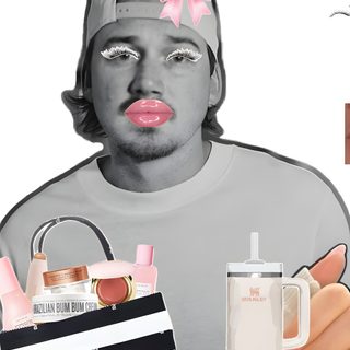 a man with a pink bow on his head holding a bag and a coffee cup Morgan Wallen Halloween Little Miss Morgan Wallen, Morgan Wallen Pink, I Heart Morgan Wallen, light gray