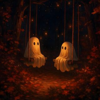 two ghost sitting on swings in the woods Halloween Duo Halloween Aesthetic Ghost, Vintage Halloween Aesthetic, Funny Spooky Pictures, Geist, black