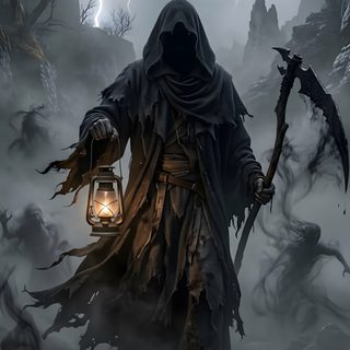 a man with a lantern in his hand standing on the ground surrounded by trees and lightning Grim Reaper Halloween Reaper Character Design, Grim Reaper Ghost, Dark Grim Reaper Tattoos, dark slate gray