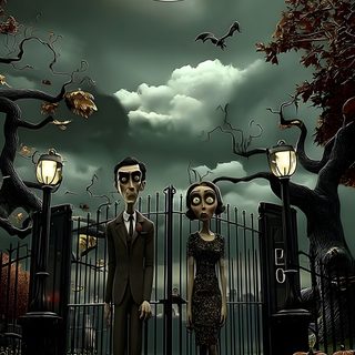 two people standing next to each other in front of a gate with bats and pumpkins Halloween Family Cameos Creepy Halloween Iphone, Halloween Dark, Halloween Creepy, Iphone, dark slate gray