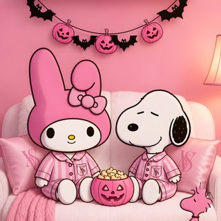 a cartoon dog sitting on top of a white couch next to a pink wall with halloween decorations My Melody Halloween Cute Halloween Pics, Hello Kitty Backgrounds, Hello Kitty Accessories, pale violet red
