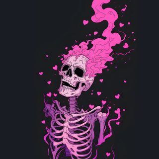 a skeleton with pink hair and hearts on it Pink Halloween Skeleton Glitter Skeleton, Pink Spooky Aesthetic, Pink And Black Skeleton,