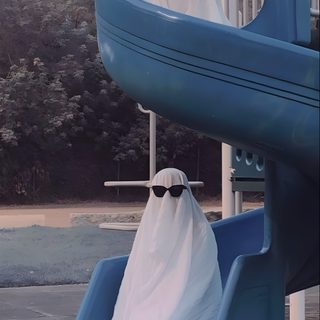 a person in a ghost costume sitting on a slide Best Friend Halloween Halloween Photography, Ghost Photography, Friend Photoshoot, Hài Hước, dim gray