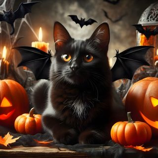 a black cat surrounded by pumpkins and candles Generic Halloween Cat Desktop Halloween, black