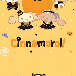 an orange background with cartoon animals and pumpkins on the bottom right corner, says cinnamon Happy Halloween Cinnamoroll Halloween Cinnamoroll Halloween, Pompompurin Halloween, Cinnamoroll In A Pumpkin, khaki