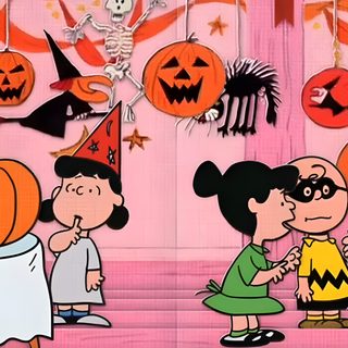 charlie and his friends are dressed up for halloween with pumpkins hanging from the ceiling Charlie Brown Halloween Laptop Great Pumpkin Desktop, Peppermint, Cartoon Halloween Desktop, pale violet red