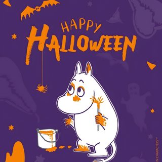 a happy halloween card with a cartoon character holding a paint can Moomin Halloween Halloween Moomin Mug Collection, Moomin Fall, Moomin Halloween, dark slate blue