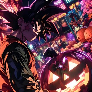 an anime character holding a pumpkin in front of a halloween scene Halloween Goku Goku 2, dark slate gray