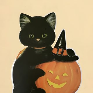 a black cat sitting on top of a pumpkin Cute Retro Style Halloween Black Cats Vintage Halloween Images, Black Cat Decor, Vintage Halloween Art, wheat