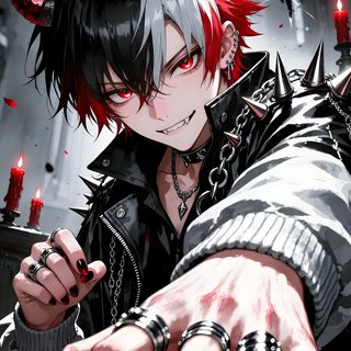 an anime character with red hair and horns on his head, holding a hand in front of him Halloween Anime Boy Anime Goth, Anime Boy Demon, Anime Goth Boy, Goth Boy, Anime Demon Boy, dim gray
