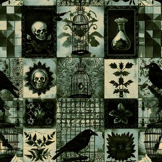 a black bird sitting on top of a cage next to a skull and flower pattern Halloween Green Gothic St Patricks Day, Backgrounds Goth, Goth Fall, Pagan Iphone, dark slate gray