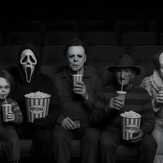 three adults and two children sitting in front of a movie theater with scary masks on their faces Halloween Movie Desktop Halloween Desktop, Michael Myers And Jason, Cool Nike, Crazy, Slasher Movies, black
