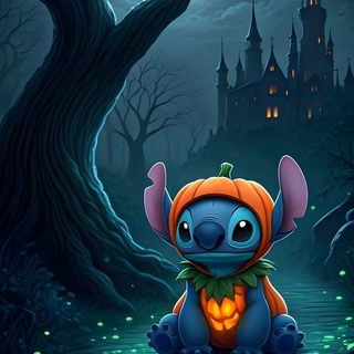 a cartoon character sitting on the ground in front of a castle Halloween Stitch Disney Halloween, Halloween Backgrounds, Love, Stitch Drawing, dark slate gray