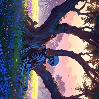 a painting of a skeleton sitting on a tree branch in the middle of a forest Ultrawide Halloween Pc 4k Art, Performative, Background Images Pc, Computer Hd Aesthetic, dark slate blue