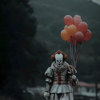 a creepy clown holding balloons walking down a road Clown Halloween Pennywise Pics, Pennywise Photo, Pennywise 2017, Pennywise Reference Photo, dark slate gray