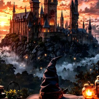 the wizard's hat sits on top of a table in front of a castle Harry Potter Halloween Harry Potter Background Hogwarts, Harry Potter Towers, Hogwarts Hogwarts Iphone Harry Potter, dark slate gray