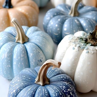 several painted pumpkins sitting on top of a white table next to eachother Light Blue Halloween Holiday Hack, Pumpkin Images, Autumn Illustration, Simple Iphone, dark gray