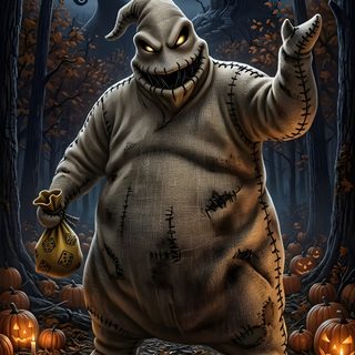 a cartoon character is standing in the woods with pumpkins Halloween Bogey A Nightmare Before Christmas, Boogie Man Nightmare Before Christmas, Oogie Boogie, dark slate gray