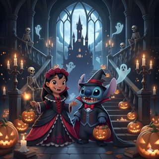 a couple of cartoon characters standing in front of a castle with pumpkins and jack - o'- lanterns Halloween Stitch And Angel Halloween Stitch Pictures, Halloween Lilo And Stitch, Lilo And Stitch Halloween, dark slate gray