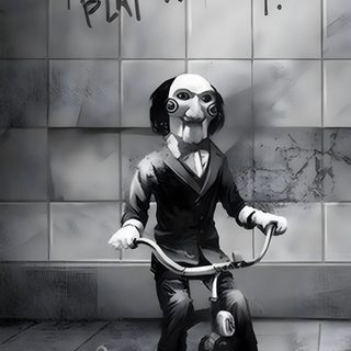a drawing of a person riding a bike with the words i want to play a game written on it Halloween Horror Movie Saw Horror, Billy The Puppet Black And White, Saw Jigsaw, Jigsaw Horror, gray