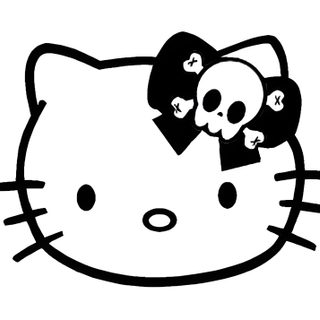 a black and white drawing of a hello kitty with skulls on it's head Black And White Halloween Skulls In Bow white
