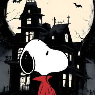 a snoopy dog in front of a house with bats on the roof and full moon behind it Snoopy Halloween 4k Cool Snoopy Pictures, Snoopy Dracula, Snoopy Ghost, Cute Halloween Snoopy, black