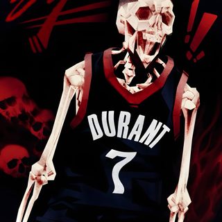 a painting of a basketball player with his hands in the air while holding two large bones Halloween Nba Slim Reaper, Skeleton Artwork, Nba Art, The Fallen Angel, Nba Pictures, black