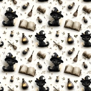 an image of a pattern with cats and books on the table in front of them Halloween Fabric Cat Bones Witch And Halloween, gainsboro