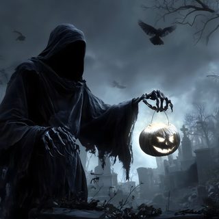 a person dressed as a ghost holding a pumpkin in front of a cemetery at night 3840x2160 Halloween Fond D Ecran, Creepy Halloween Desktop, Grim Reaper Desktop, dark slate gray