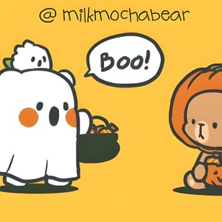 two cartoon characters dressed up as ghost and pumpkins Milk And Mocha Halloween Mocha And Milk Bear Matching Pfp Halloween, Milk And Mocha Matching Icons Halloween, Milk And Mocha Bear Halloween, sandy brown